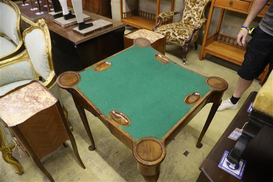 A George I figured walnut concertina action folding card table, W.78cm, D.39cm, H.72cm